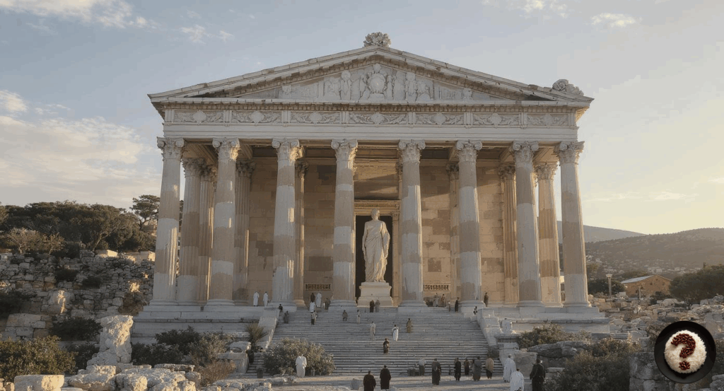 Artemis Tapınağı, Mermer sütunlu, büyük heykelli antik tapınak önünde toplanan insanlar, gün batımında tarihi atmosfer.