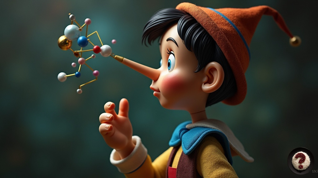 Pinokyo’nun uzamış burnunda renkli molekül yapısı figürüyle yalan ve bilimi simgeleyen yaratıcı illüstrasyon.