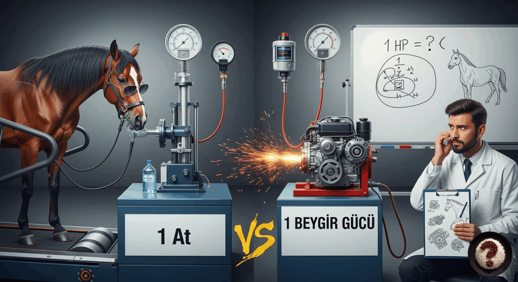 Bir at ve motor karşılaştırılırken bilim insanı “1 HP = ?” sorusunu tahtaya çizerek düşünceli şekilde inceliyor.