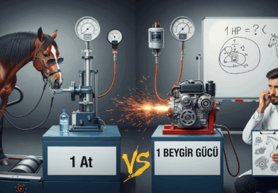 Bir at ve motor karşılaştırılırken bilim insanı “1 HP = ?” sorusunu tahtaya çizerek düşünceli şekilde inceliyor.