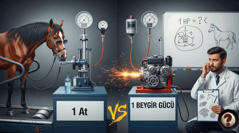 Bir at ve motor karşılaştırılırken bilim insanı “1 HP = ?” sorusunu tahtaya çizerek düşünceli şekilde inceliyor.