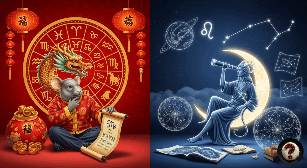 Solda Çin burçlarıyla fare ve ejderha, sağda teleskopla bakan astroloji figürü ve yıldız haritaları.