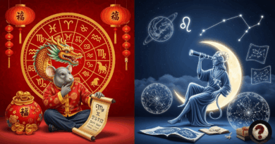 Solda Çin burçlarıyla fare ve ejderha, sağda teleskopla bakan astroloji figürü ve yıldız haritaları.