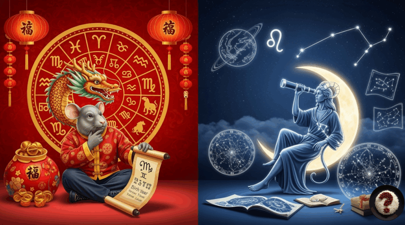 Solda Çin burçlarıyla fare ve ejderha, sağda teleskopla bakan astroloji figürü ve yıldız haritaları.