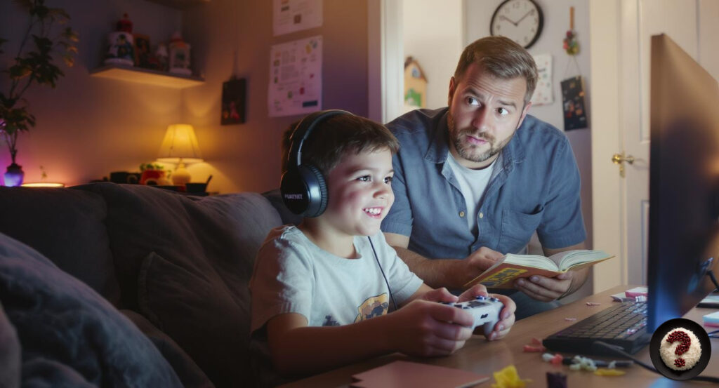 Kulaklıkla oyun oynayan mutlu çocuğa kitapla yaklaşan baba, dikkatlice ekranı izliyor.