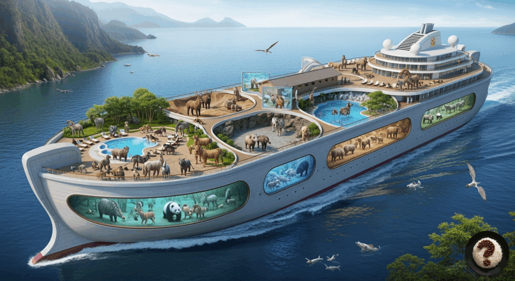 Farklı hayvan türlerinin yaşadığı, dev akvaryumlu ve yeşil alanlı lüks hayvan gemisi okyanusta seyrediyor.