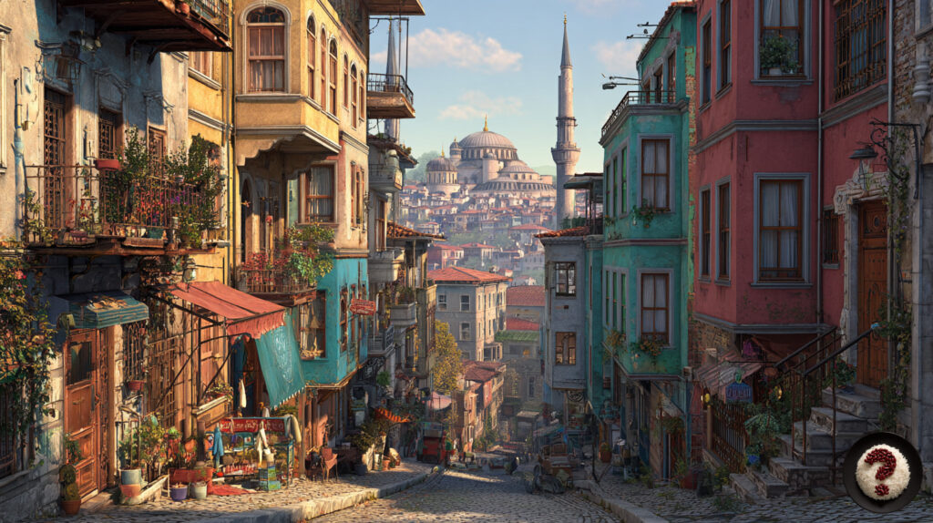 Rengârenk eski binaların sıralandığı yokuş sokak, uzakta Süleymaniye Camii ile İstanbul manzarası.