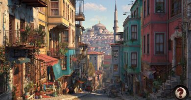 Rengârenk eski binaların sıralandığı yokuş sokak, uzakta Süleymaniye Camii ile İstanbul manzarası.