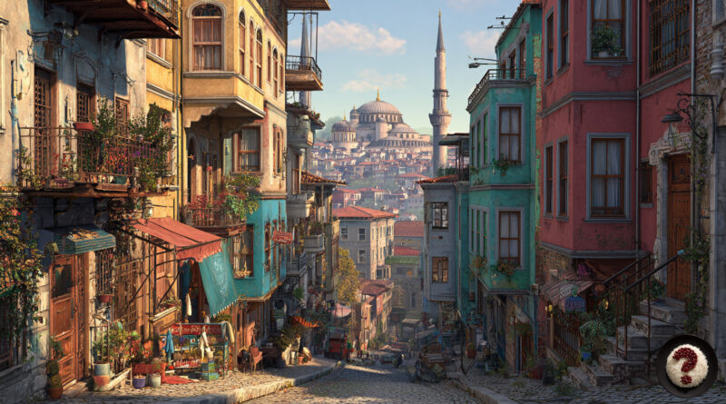 Rengârenk eski binaların sıralandığı yokuş sokak, uzakta Süleymaniye Camii ile İstanbul manzarası.