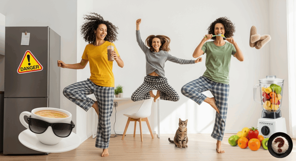 Pijamalı üç kadın mutfakta neşeyle zıplarken yanlarında kedi, meyve dolu blender ve komik nesneler var.