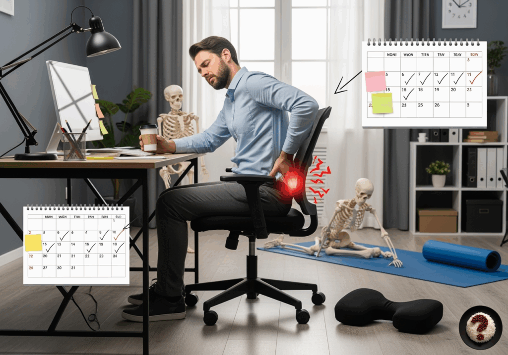 Ofis sandalyesinde otururken belini tutan adam, bel ağrısı çekerken arka planda iskeletler yoga yapıyor.