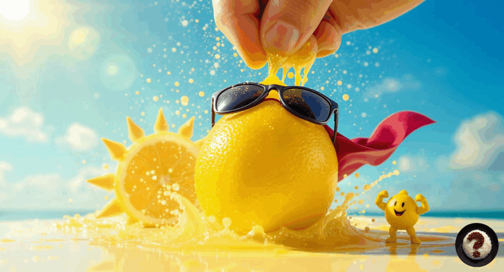 Güneş gözlüklü limon karakteri sıkılırken etrafa su sıçrıyor, arka planda neşeli yaz teması.