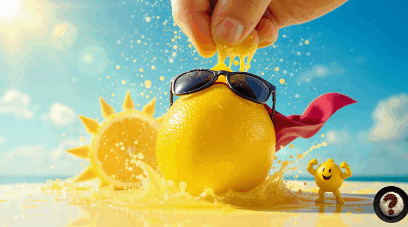 Güneş gözlüklü limon karakteri sıkılırken etrafa su sıçrıyor, arka planda neşeli yaz teması.