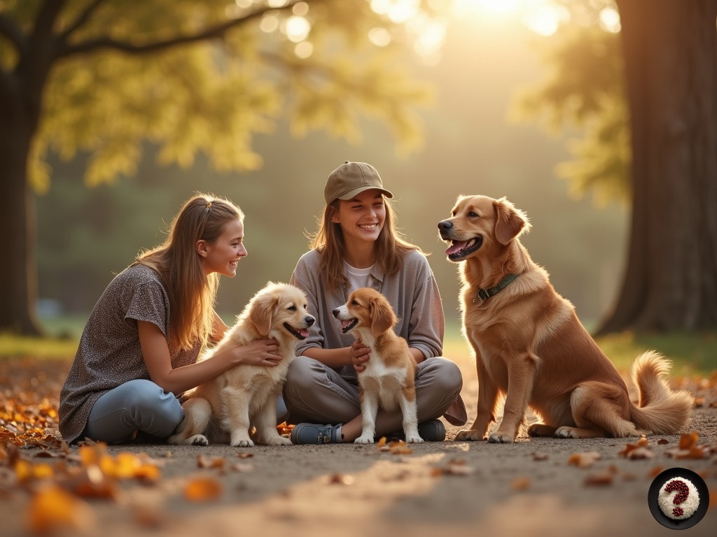 Sonbaharda parkta oturan iki kadın, üç sevimli yavru köpek ve bir yetişkin köpekle neşeyle vakit geçiriyor.