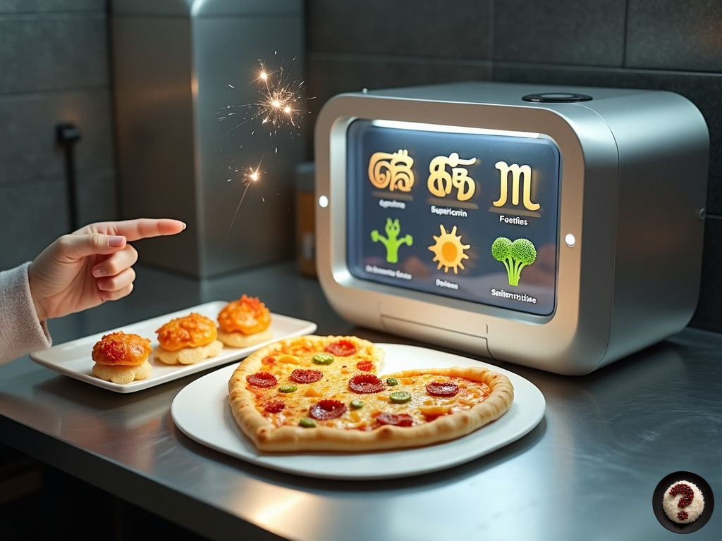 Fütüristik cihazla hazırlanan pizza ve atıştırmalıkların yanında havada kıvılcım çıkaran sihirli el hareketi.