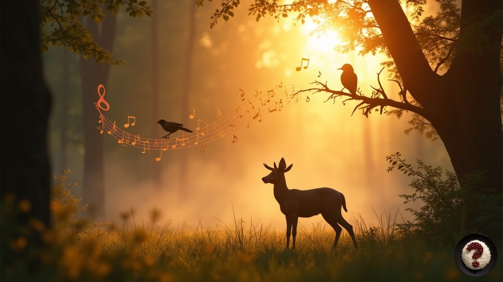 Gün doğumunda ormanda duran geyik, dallarda şarkı söyleyen kuşlar ve yayılan müzik notalarıyla çevrili.