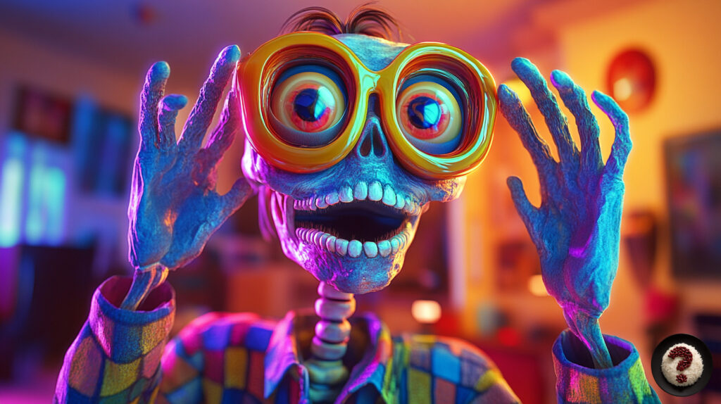 Renkli kareli gömlek giymiş, dev turuncu gözlük takan çizgi film tarzı iskelet, şaşkın bakıyor.