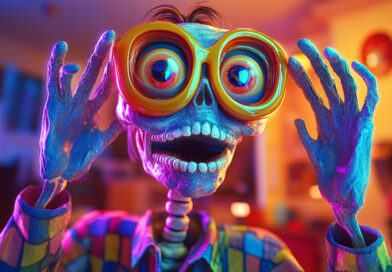 Renkli kareli gömlek giymiş, dev turuncu gözlük takan çizgi film tarzı iskelet, şaşkın bakıyor.