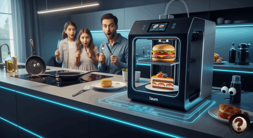 3D yazıcıdan çıkan hamburger ve pasta karşısında şaşkınlıkla bakan aile, üzgün suratlı tava kenarda.