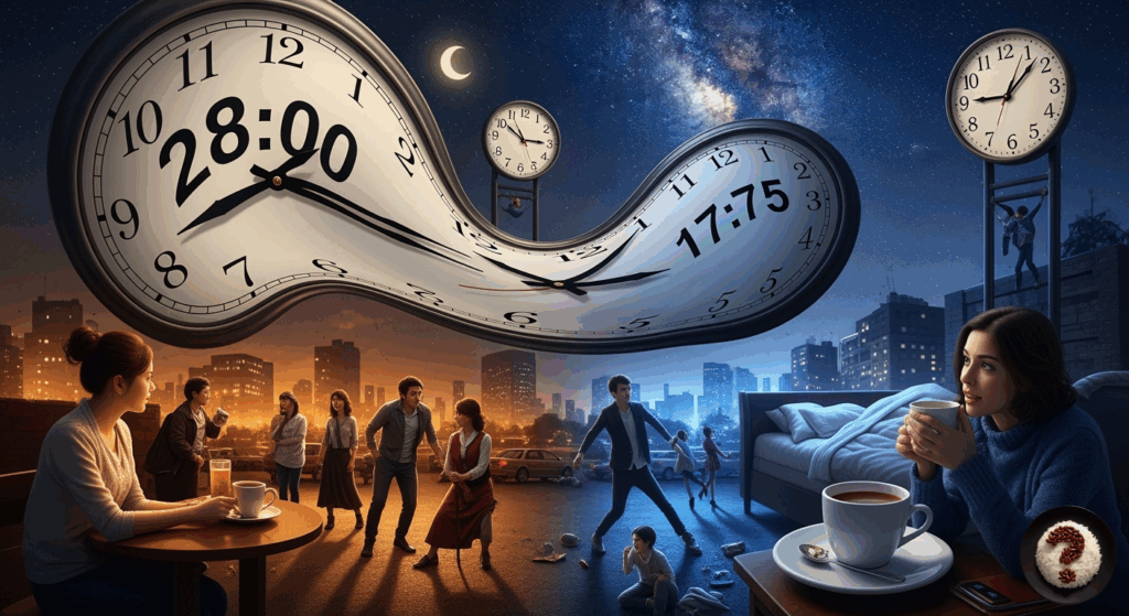 Eğilmiş saatlerle zamanın büküldüğü kentte, gece ve gündüz ayrımında kahve içen insanlar ve yıldızlı gökyüzü.