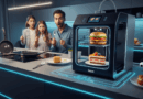 3D yazıcıdan çıkan hamburger ve pasta karşısında şaşkınlıkla bakan aile, üzgün suratlı tava kenarda.