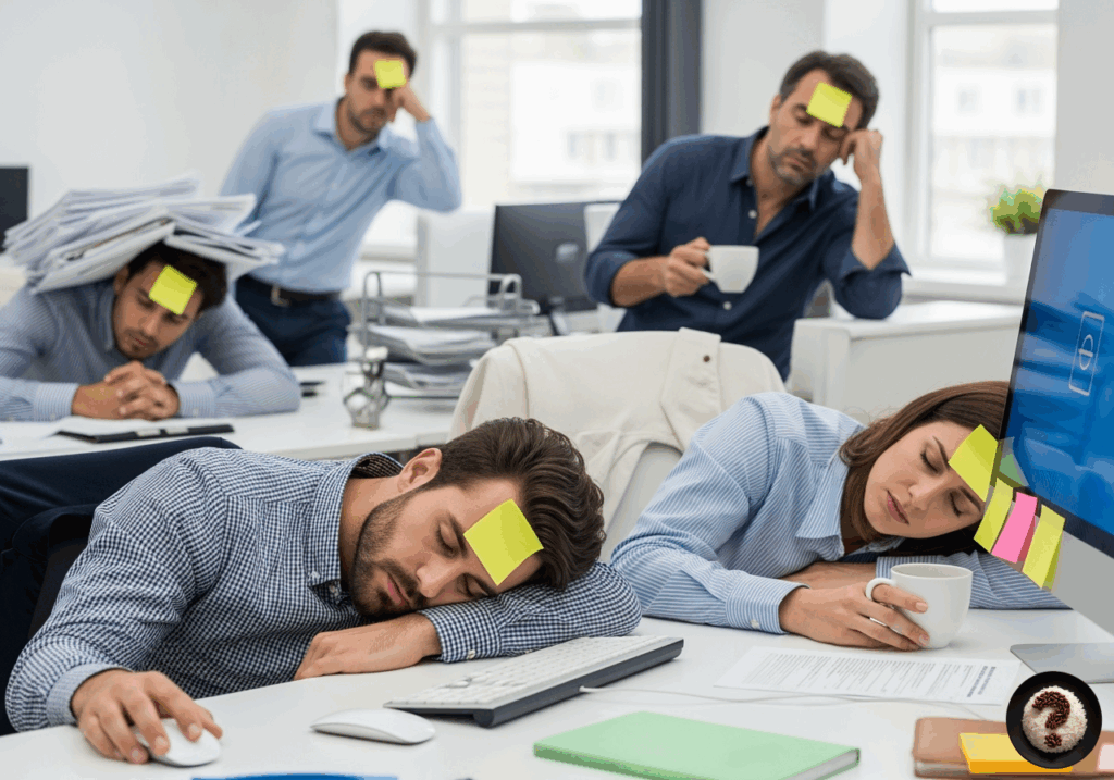 Bilgisayar başında uyuyakalmış, alnında not kağıtları olan yorgun ofis çalışanları kahveyle dinleniyor.