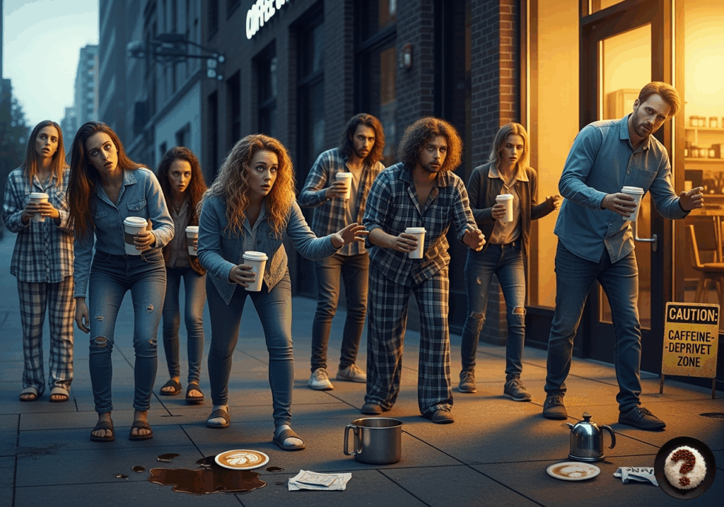 Uykulu ve şaşkın kalabalık, “Caution: Caffeine-Deprived Zone” tabelası önünde kahveyle ilerliyor.