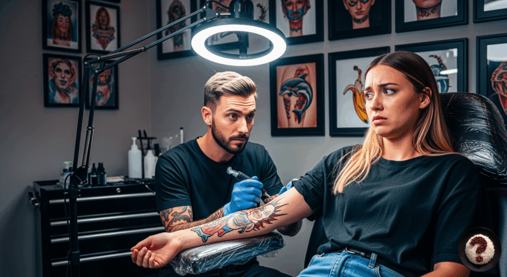 Korkulu bakışlarla dövme yaptıran kadın, koluna renkli çizgi film tarzı figür işleyen dövmeciyle.