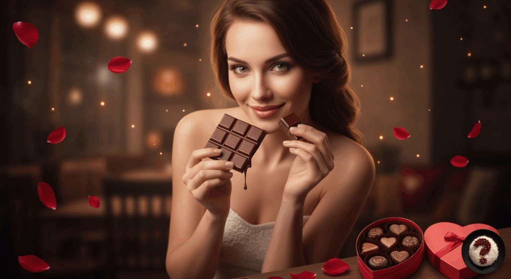 Gül yaprakları arasında romantik ortamda çikolata tutan kadın ve kalpli kutuda özel el yapımı çikolatalar.