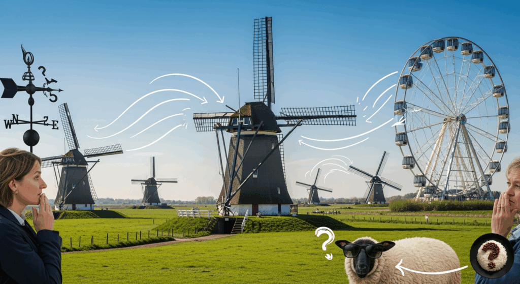 Çizim oklarla rüzgâr yönü gösterilen yel değirmenleri, dönme dolap ve gözlüklü meraklı koyun.