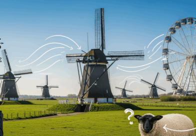 Çizim oklarla rüzgâr yönü gösterilen yel değirmenleri, dönme dolap ve gözlüklü meraklı koyun.