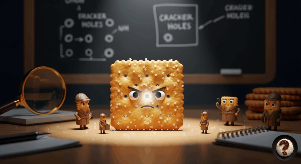 Karatahta önünde büyüteçli masada toplanmış dedektif krakerler, ortada öfkeli bakışlı tuzlu kraker.