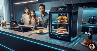 3D yazıcıdan çıkan hamburger ve pasta karşısında şaşkınlıkla bakan aile, üzgün suratlı tava kenarda.