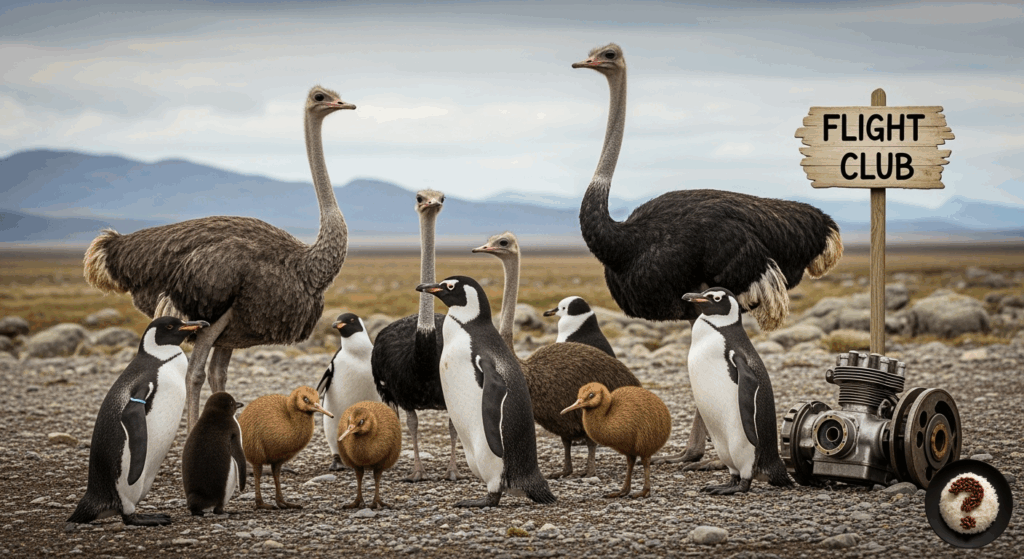 Penguen, deve kuşu ve kivi kuşlarının “Flight Club” tabelesi önünde toplandığı esprili sahne.