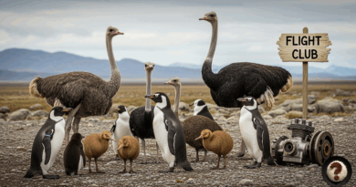 Penguen, deve kuşu ve kivi kuşlarının “Flight Club” tabelesi önünde toplandığı esprili sahne.