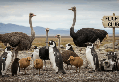 Penguen, deve kuşu ve kivi kuşlarının “Flight Club” tabelesi önünde toplandığı esprili sahne.