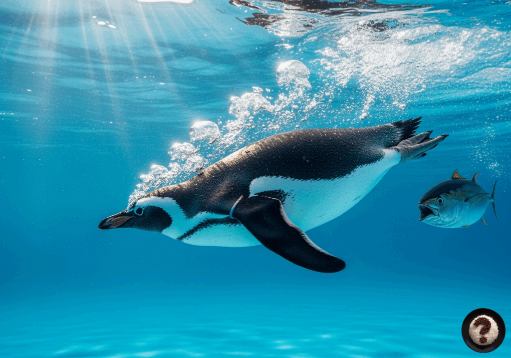 Berrak mavi suda yüzen penguen, arkasından gelen balık ve kabarcıklarla aydınlık bir deniz sahnesi.