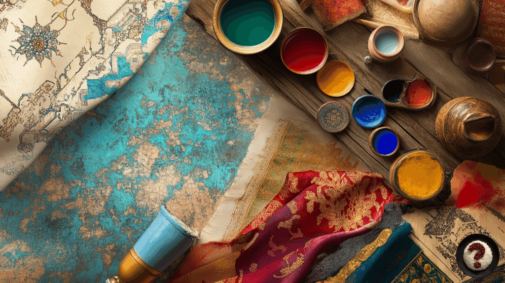 Ebru kağıtları, minyatür desenli kumaşlar ve canlı renkli pigmentlerle dolu geleneksel sanat düzeni.
