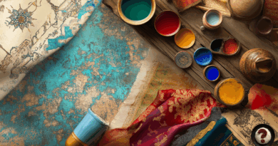 Ebru kağıtları, minyatür desenli kumaşlar ve canlı renkli pigmentlerle dolu geleneksel sanat düzeni.