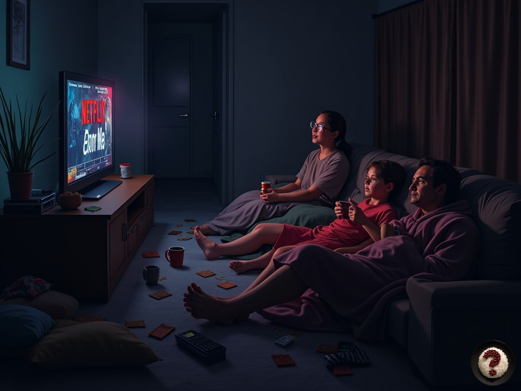 Battaniyelere sarınmış üç kişi ve bir çocuk, Netflix dizisi izlerken atıştırmalıklarla rahat bir akşam.