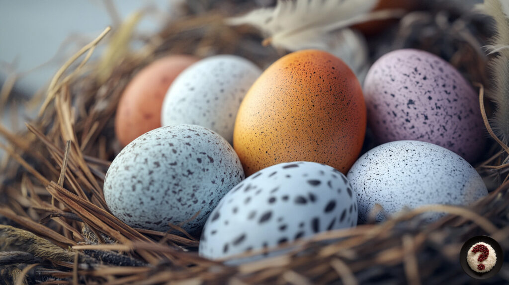 Çeşitli renk ve desenlerde benekli yumurtalar, kuru ot ve tüylerle dolu kuş yuvasında sıralanmış.