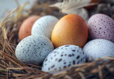 Çeşitli renk ve desenlerde benekli yumurtalar, kuru ot ve tüylerle dolu kuş yuvasında sıralanmış.
