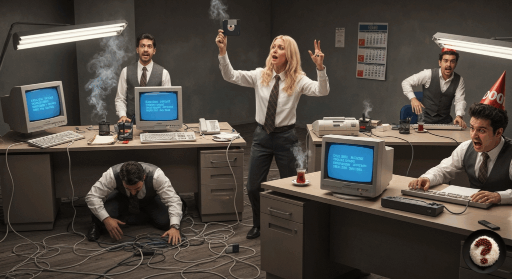 2000 yılı sendromu sırasında panikleyen ofis çalışanları, mavi ekranlı eski bilgisayarlar ve disketler.