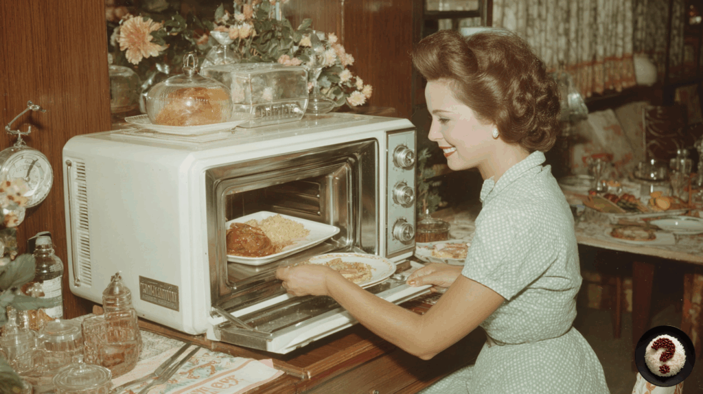 1950’ler tarzı mutfakta gülümseyen kadın, vintage mikrodalga fırına yemek yerleştiriyor.