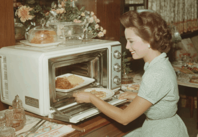 1950’ler tarzı mutfakta gülümseyen kadın, vintage mikrodalga fırına yemek yerleştiriyor.