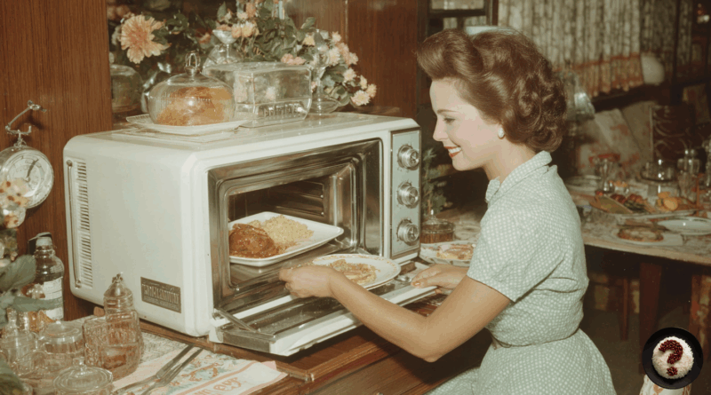 1950’ler tarzı mutfakta gülümseyen kadın, vintage mikrodalga fırına yemek yerleştiriyor.