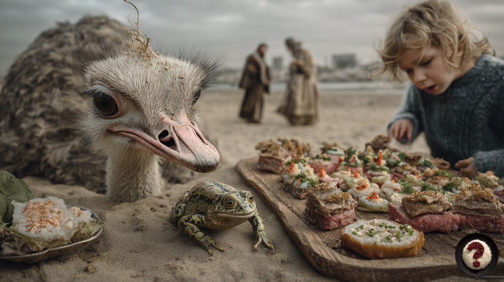 Kumsalda deve kuşu, kurbağa ve çocuk, süslü etli kanepelerin etrafında merakla toplanmış durumda.
