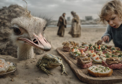 Kumsalda deve kuşu, kurbağa ve çocuk, süslü etli kanepelerin etrafında merakla toplanmış durumda.