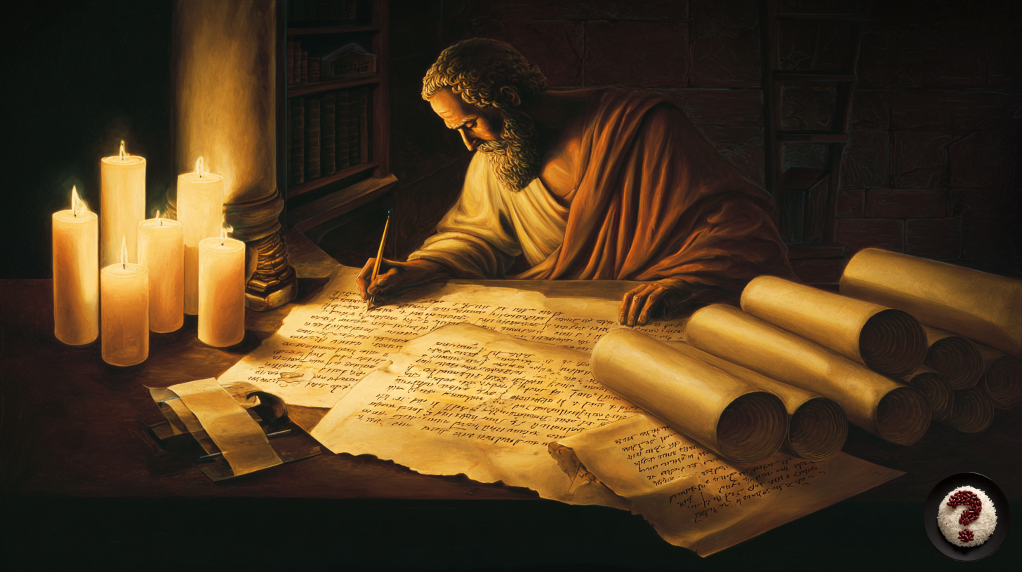 Aristotle writing scrolls on philosophy and logic, candlelight study environment, parchment papers
