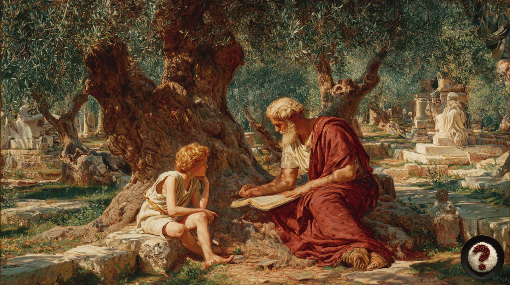 Aristotle teaching Alexander the Great as a young boy, outdoor setting with olive trees, warm sunlight, detailed painting